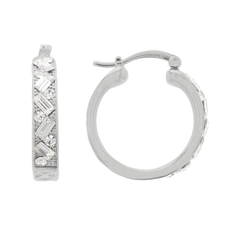 Oroclone Silver Plated 4.5mm x 25mm Round and Baguette Crystal Hoop Earring