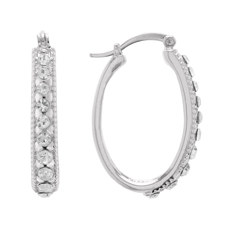 Oroclone Silver Plated Beaded Oval Hoop Earring with Graduated Crystals